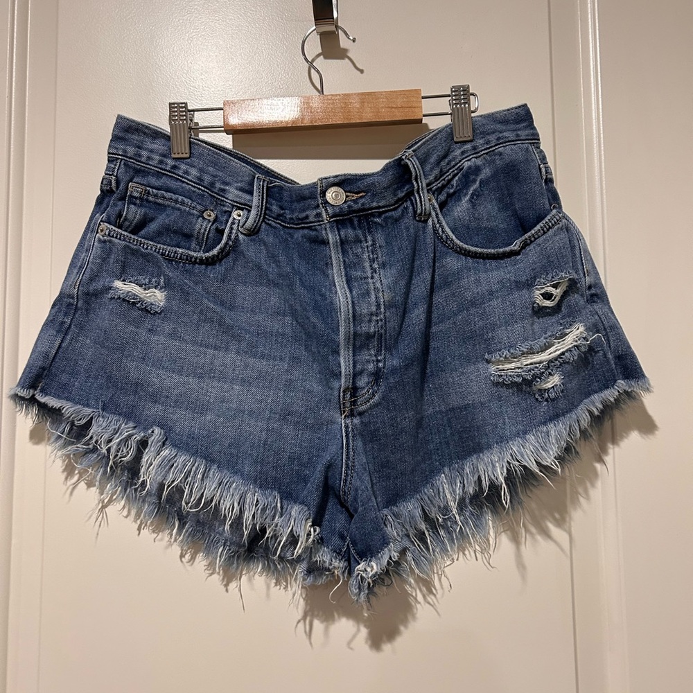 Free People Distressed Blue Denim Jean Shorts
